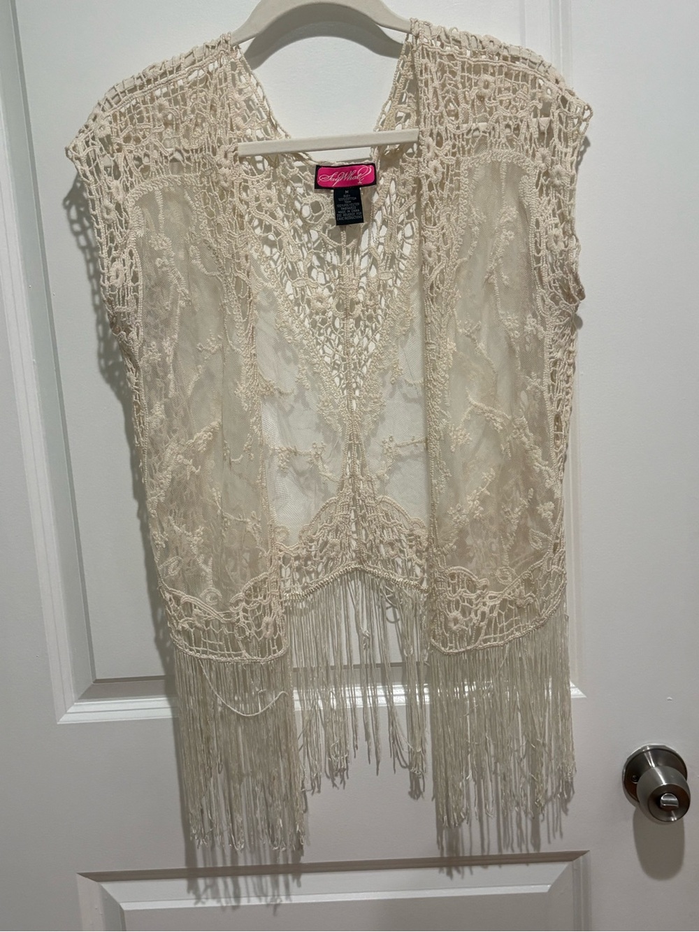 Say What? Crochet Fringe Open-Front Tunic - Cream
